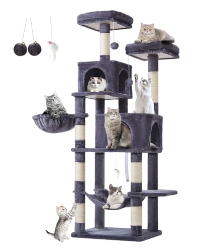 Taoqimiao Cat Tree, 66.2-Inch Cat Tower for Indoor Cats, Plush Multi-Level Cat Condo with 7 Scratching Posts, 2 Perches, 2 Caves, Hammock, 2 Pompoms, Smoky Gray MS013G - color: Smoky Gray, size: 67 inches