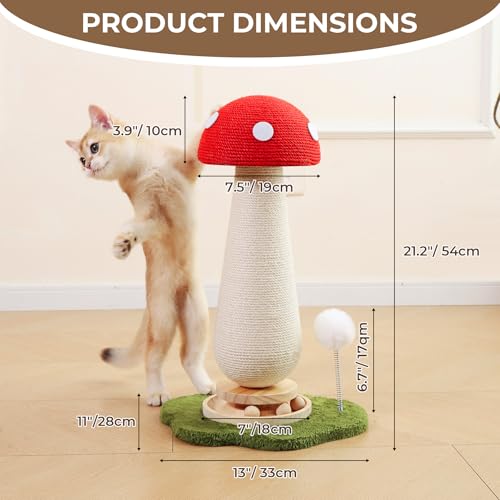 Mushroom Cat Scratching Post with Interactive Ball Track Spring Ball Cat Toys, 21.2" Cat Sisal Scratcher Tree for Indoor Cats, Red - color: Red