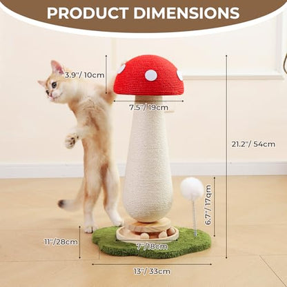 Mushroom Cat Scratching Post with Interactive Ball Track Spring Ball Cat Toys, 21.2" Cat Sisal Scratcher Tree for Indoor Cats, Red - color: Red