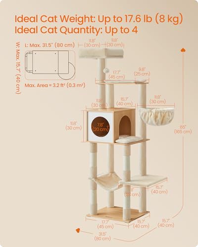 Feandrea Cat Tree, 65-Inch Tall Cat Tower, Multi-Level Condo with Cave, Basket, Hammock, Pompom, Scratching Posts, Almond Yellow UPCT118Y01 - color: Almond Yellow