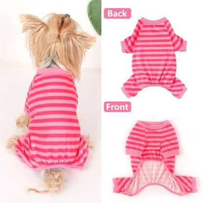 Dog Pajamas Pjs Stretchable Strip Dog Jumpsuit 4 Legs Pjs for Summer Dog Clothes Puppy Onesies Doggie Outfit (Pink, Large (Chest 17in)) - color: Pink, size: Large (Chest 17in )