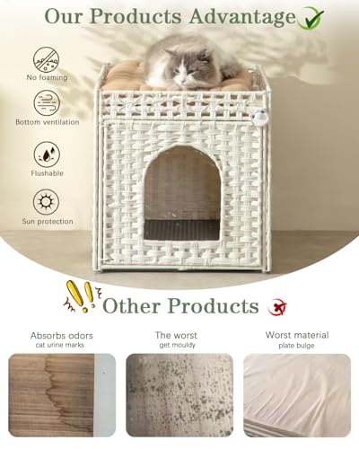 SETVSON Cat Litter Box Enclosure Furniture, Hidden Litter Box with Mat and Fence, Handwoven Rattan Cat House with Two S-Shaped Hooks for Living Room, Bedroom, 18.5 x 20.5 x 19.1 Inches (White - color: White, size: Standard