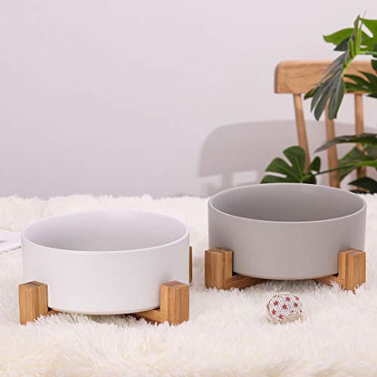 Ceramic Dog Bowl with Bamboo Stand - Large Dog Dish for Food and Water - Heavy Weighted, No Tip Over - 8.4" Diameter - Grey - color: Grey