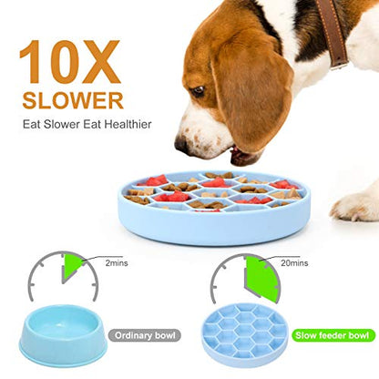 Slow Feeder Dog Bowls, Silicone Dog Bowl with Suction Cups, Non-Slip Pet Slow Feeder for Small Medium Large Breed, Anti Gulping&Dishwasher Safe, Reduces Boredom Pet Feeding Bowl(Blue) - color: Blue