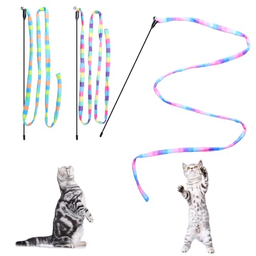 Cat Wand Toys Interactive Kitten Toys Cat Teaser Wand String Feather for Indoor Colorful Ribbon Wands Stick Toy Cat Charmer-3 Packs - size: 3 PCS