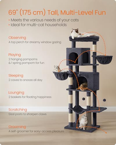 Feandrea Cat Tree, 69-Inch Tall Cat Tower, Multi-Level Plush Condo with 2 Caves, 2 Baskets, 5 Scratching Posts, Self-Groomer, Perch, Hammock, Dark Gray UPCT182G02 - color: Dark Gray