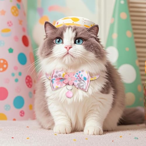 Cat Collar Breakaway, HYQHYX Floral Kitten Collar with Bell, Cute Cat Collar with Bow for Girl Boy Removable Bowtie (Pink + Green) - color: Pink + Green