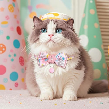 Cat Collar Breakaway, HYQHYX Floral Kitten Collar with Bell, Cute Cat Collar with Bow for Girl Boy Removable Bowtie (Pink + Green) - color: Pink + Green