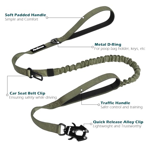Heavy Duty Tactical Dog Leash, 5 FT Bungee Shock Absorption Leash with 2 Padded Handles, Quick Release Metal Clip, Car Seatbelt, No Pull Training Lead for Large Medium Dogs（Army Green） - color: Army Green