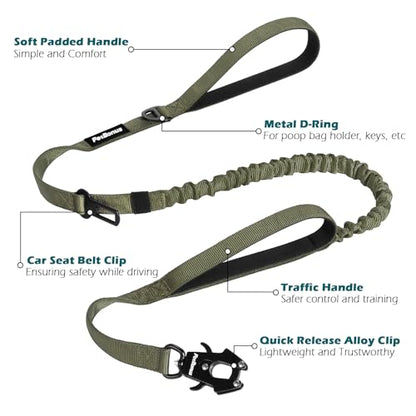 Heavy Duty Tactical Dog Leash, 5 FT Bungee Shock Absorption Leash with 2 Padded Handles, Quick Release Metal Clip, Car Seatbelt, No Pull Training Lead for Large Medium Dogs（Army Green） - color: Army Green