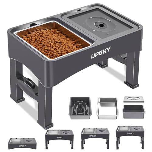 UPSKY 3-in-1 Elevated Dog Bowls Slow Feeder, Adjustable Stand, No Spill Water Dispenser, Stainless Steel Food & Water Bowl for Small Medium Dogs - color: D-3 in 1 (Grey)