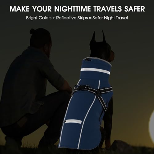 Dog Coat Large, Built-in Harness Dog Jacket with Warm Fleece Lining, Waterproof Reflective Dogs Winter Coat, Pet Coats with Pocket and Trash Bags (Navy Blue, X-Large) - color: Navy Blue, size: X-Large