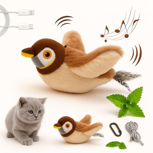 Upgraded 2.0 Flappy Bird Cat Toy – Interactive Flapping & Chirping Bird Toy for Cats (No Flying), Indoor Cat Toy for Exercise & Play, Durable Chew Toy, Catnip Toy for Kitten or Small Dogs (Large 9x3") - color: Sparrow