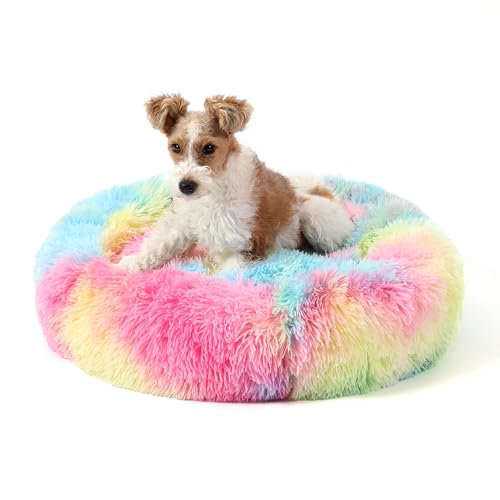 Calming Donut Dog Bed for Small to Medium Dogs & Cats - Plush Faux Fur Anti-Anxiety Pet Bed with Machine Washable Cover & Non-Slip Base - color: Rainbow, size: Small 19.6''