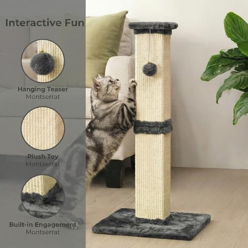 32" Tall Cat Scratching Post, Cat Scratcher with Heavy Duty Thick Wood Base, Cat Tower with Natural Sisal Rope and Hanging Ball, Plant-Like Design Scratching Post, for Small and Adult Kittens, Grey - color: Dark Grey