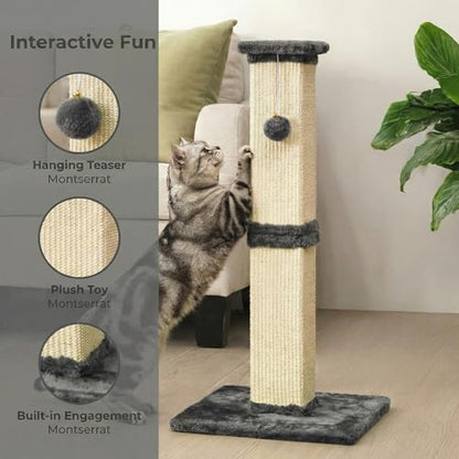 32" Tall Cat Scratching Post, Cat Scratcher with Heavy Duty Thick Wood Base, Cat Tower with Natural Sisal Rope and Hanging Ball, Plant-Like Design Scratching Post, for Small and Adult Kittens, Grey - color: Dark Grey