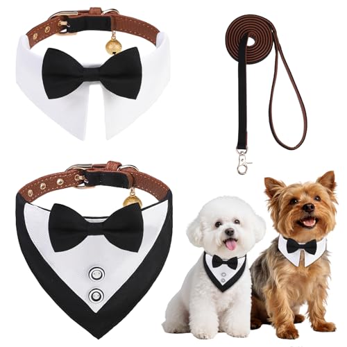 BINGPET Puppy Collar and Leash Set for Small Dogs, Dog Tuxedo Suit Wedding Bandana Collar with Bow Tie & Bell for Boy Dogs, Adjustable Formal Dog Tux Engagement Birthday Tuxedo, Black S - color: Black, size: S(Neck Girth 9"-12")