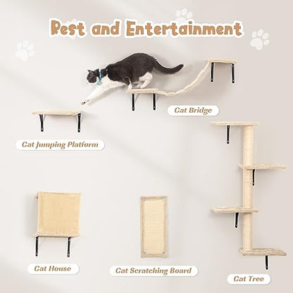 5 Pcs Wall-Mounted Cat Climber Set, Wood Indoor Cat Shelves with Perches, Ladder, Cat Condo House, Scratching Board and Cat Tree, Wall Shelves Furniture (Beige) - color: Beige