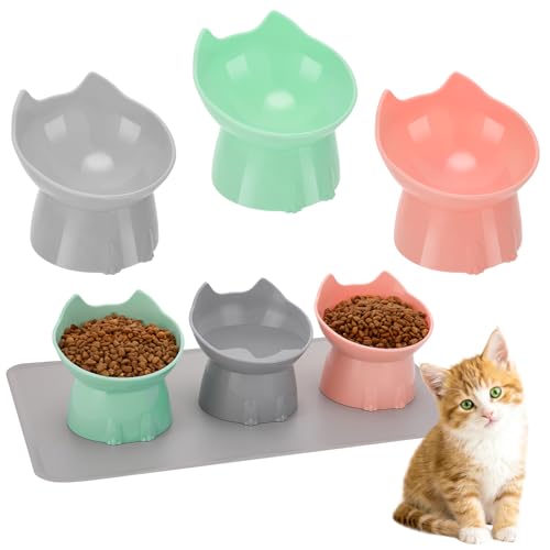 3 Pcs Elevated Cat Bowls 15°Raised Cat Food Bowl with Silicone Mat Whisker Friendly Anti Vomiting Cats Dishes Pet Food and Water Bowls for Indoor Cats Kittens, Pink, Green, Gray - color: Pink, Green, Gray