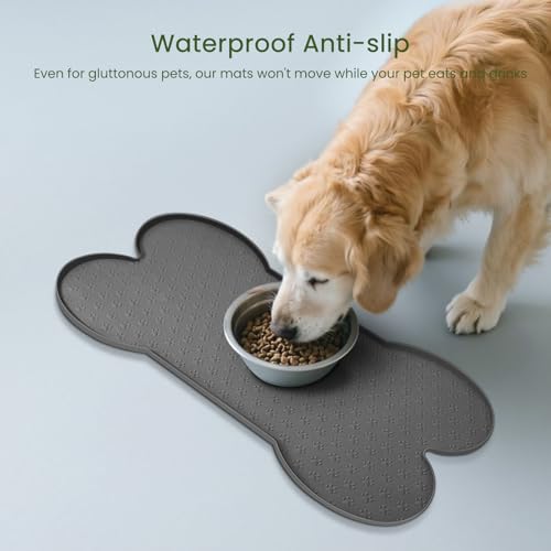 PWTAA Dog Food Mat Anti-Slip Silicone Dog Bowl Mat Thicker Pet Placemat Waterproof Cat Feeder Pad with Raised Edge Puppy Kitten Feeding Mats Suitable Small Medium-Sized Dogs Cats Eating Tray - color: Grey, size: 25.6" x 13"