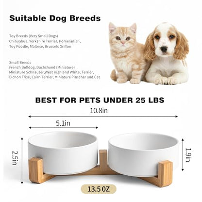 Mowtanco White Ceramic Dog & Cat Bowl Set – 13.5 OZ with Wooden Stand, Non-Slip, Elevated Design for Small Dogs & Cats – 2 Bowls (Food & Water, Ceramic Pet Bowls, Modern Dog Bowls) - color: White × 2