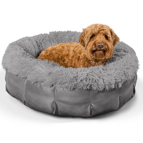 Best Friends by Sheri Ultra Calming Pouf Bed, Orthopedic Round Dog Bed for Joint Support, Faux Fur, Washable Cover, Tan, Medium, 30"x30" - color: Gray, style: Medium