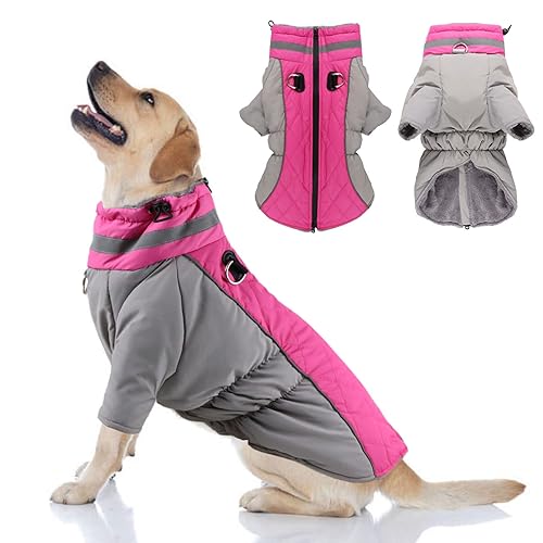 Dog Coat with Harness, Warm Dog Winter Coat Waterproof Dog Cold Weather Jacket Padded Dog Fleece Vest for Small Medium Large Dogs, Reflective High Collar Dog Winter Snowsuit Coat, Rose Red XL - size: X-Large