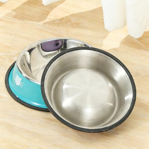 Cat Bowls,1 Pcs Non-Slip Stainless Steel Small Cat Food Bowls - Unbreakable, Thicken 6.5Oz Cat Dishes - Indoor, Removable Rubber Base, Easily Clean, Lovely Color