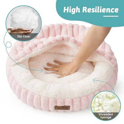 Small Dog Bed with Hooded Blanket, Round Fluffy Anti-Anxiety Pet Bed for Small Dogs & Medium Dogs, Cozy Donut Cuddler with Machine Washable Faux Fur & Anti-Slip Bottom(26"×26"×7",Pink) - color: Pink, size: 26"×26"×7"