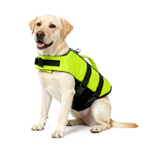 Neon Green Dog Life Jacket for Large Breed with Rescue Handle, High Visibility & Adjustable Pet Life Vest, Safety Buoyancy Vest for Swimming, Boating, Kayaking & Water Sports, L - size: Large
