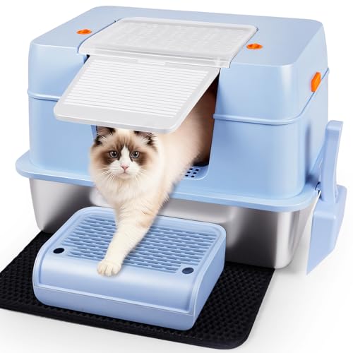 Vivifying Stainless Steel Litter Box with Lid, XL Side Entry Extra Large Litter Box for Big Cats & Kitty, Removable Enclosed Metal Cat Pan with High Sided Enclosure, Scoop, Mat, Footboard (Blue) - color: Blue