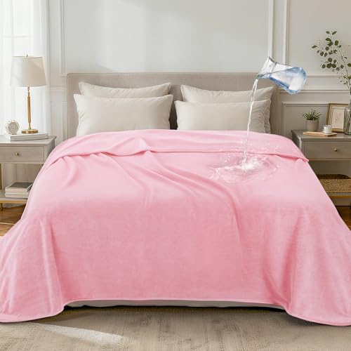 LOOBANI Waterproof Blanket for Bed: Reversible Leakproof Full/Queen Bed Blankets 80" x 90", Soft Flannel & Coral Fleece Bed Blanket Water Resistant for Couch Sofa Cover, Movie Time, Camping, Pink - color: Pink, size: 80" x 90"