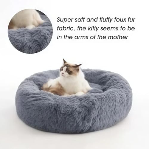SALAN Calming Donut Dog Bed for Small Dogs and Cats, 16 Inch Round Plush Faux Fur Pet Bed, Washable Fluffy Self Warming Anti Anxiety Cuddler Bed for Puppy, Kitten, Indoor Cats (Brown) - color: Brown