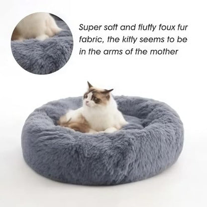 SALAN Calming Donut Dog Bed for Small Dogs and Cats, 16 Inch Round Plush Faux Fur Pet Bed, Washable Fluffy Self Warming Anti Anxiety Cuddler Bed for Puppy, Kitten, Indoor Cats (Khaki) - color: Khaki