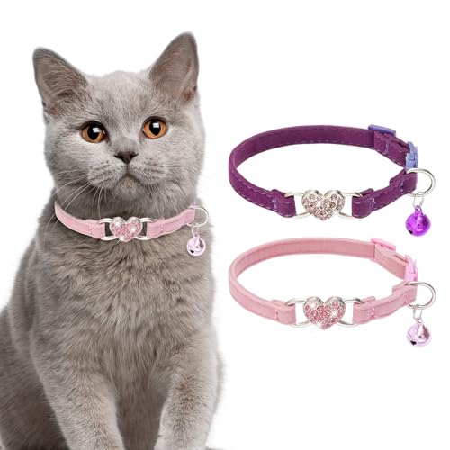 BINGPET Cat Collar Breakaway with Bell, Pack of 2 Heart Bling Collar Safety with Soft Velvet Adjustable for Kittens - color: Heart (Pink + Purple)-2pcs