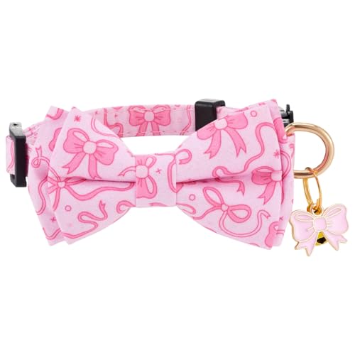 2 Pack Breakaway cat Collar with Bow Tie and Bell,Adjustable Soft Cotton Pet Collar with Pink and Red Bow Patterned Design for Kitten Adult Cats (Pink&Red Bow) - color: Pink&Red Bow
