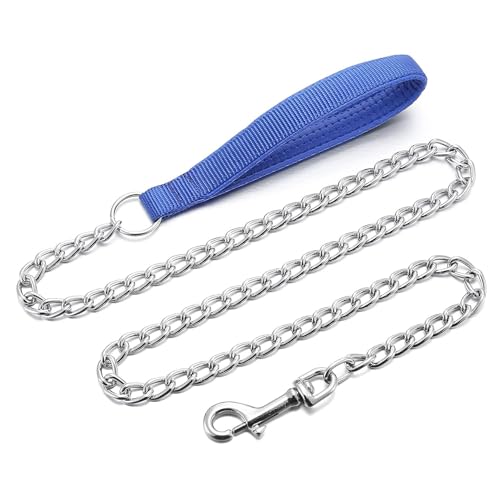 Chain Leash Metal Trainning Leash Stainless Steel with Soft Padded Handle for Heavy Duty Dogs.(XL, Blue Handle) - color: Blue, size: Extra Large