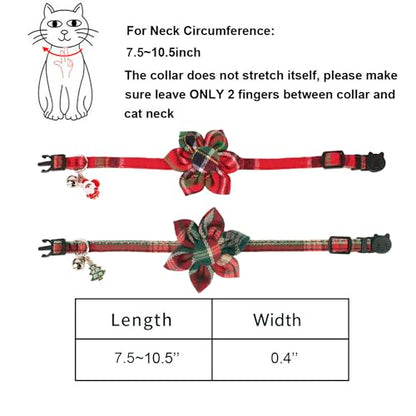 ADOGGYGO Christmas Cat Collar with Floral, 2 Pack Xmas Kitten Flower Collar, Red Green Plaid Christmas Collars for Cat Kitten - color: Christmas