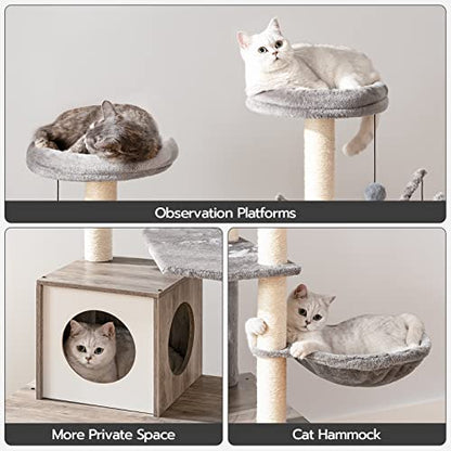HOOBRO Cat Tree with Litter Box Enclosure, 27.6" L x 18.9" W x 52" H, All-in-One Wooden Cat Tower, Cat Furniture for Indoor Cats, Cat Condo with Hammock, Detachable Teaser Sticks, Greige BG14MZ03 - color: Greige