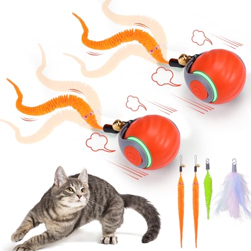 BABORUI 2Pack Orange Interactive Cat Toy Ball - Automatic Interactive Cat Toys for Indoor Cats with 3 Tails, 2 Speeds Rechargeable Enrichment for Small/Medium/Large to Keep Them Busy - color: 2 Pack Orange