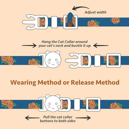 2 Pack Cotton Breakaway Cat Collar Blue and Black Rose Pendant Cute Kitten Cat Collar with Bell - color: Blue Rose&Black Rose