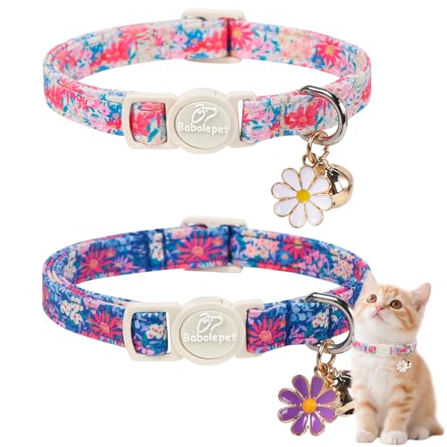 2 Pack Floral Cat Collars - Spring Summer Wildflower Breakaway Safety Cat Collars, Adjustable Soft Boy Girl Kitten Collar for Small Dogs Puppy, Cute Pet Collar with Bell & Pendant - color: Floral