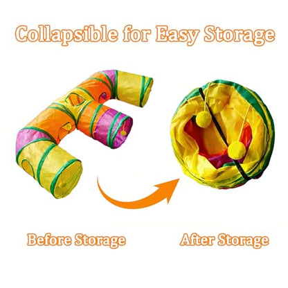 3 Way Collapsible Cat Tunnels with Interactive Ball, E Shape Folded Pet Tube Toy for Indoor Cats, Puppy, Kitty, Kitten, Rabbit - size: E Shape