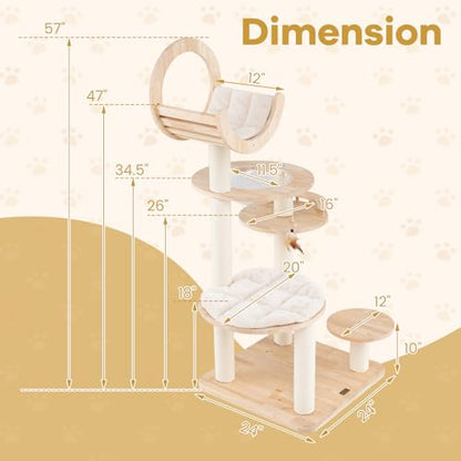 PETSITE 57 Inches Tall Wooden Cat Tree, Multi-Level Cat Tower with Scratching Posts, Space Capsule Bed, Padded Platform and Hanging Ball, Modern Transformable Cat Tree Tower for Indoor Cats Large