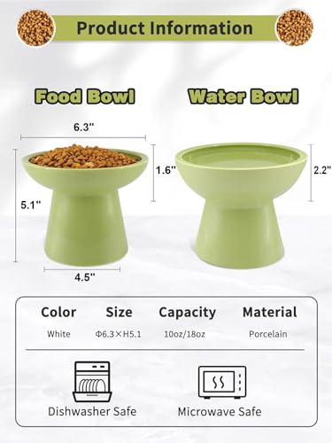 LoeJan Elevated Green Cat Bowls Set - Wide Raised Ceramic Feeder, Anti-Vomit Whisker-Free Bowl for Kittens to Adult Cats - color: Green, size: Single (Food Bowl)