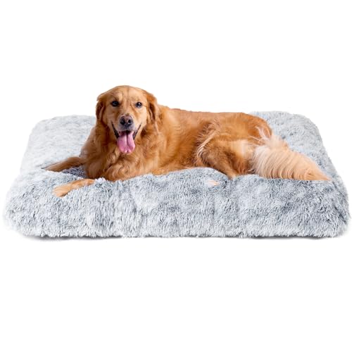 EHEYCIGA Fluffy Dog Crate Bed for Extra Large Dogs, Plush Faux Fur Pad, Calming Anti Anxiety XL Bed for Crate, Washable Soft Warm Dog Mat with Non-Slip Bottom, Grey - color: Grey, size: 41.3 x 27.5