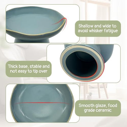 VCEPJH Raised Cat Food Bowls Shallow Cat Plate Ceramic Elevated Cats Dish 6.1in Flat Anti Whisker Fatigue Wide Pet Food & Water Feeder for Indoor Kitty Kitten (Blue) - color: blue