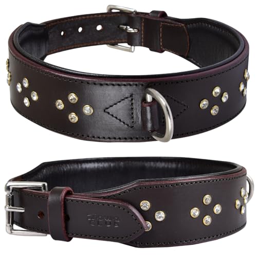 Genuine Leather ‘Cupola’ Series Dog Collar | Rhinestone | Soft, Cushion Padding, Handmade | Best for Medium, Large, XL Breeds (M (Neck Size 14.5"-18.5"), Silver Rhinestones, Crimpson) - color: Silver Rhinestones, Crimpson, size: M (Neck Size 14.5"-18.5")