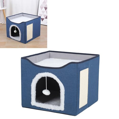 Foldable Cat House, 2 Layer Collapsible Kitten House Multifunctional Cat Cave Bed Soft Cat Scratcher House, Cat Bed Cave Cat Cubes Cat Hideaway for Indoor Cats(Navy Blue) - color: Navy Blue