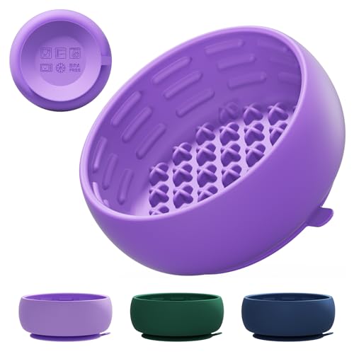 Purple Dog Puzzle Toy & Lick Mat for Bathing - Grooming Helper & Boredom Buster Slow Feeder Bowl with Suction Cups for Dogs and Cats - Interactive Treat Dispenser(Only for Small Dogs) - color: Purple